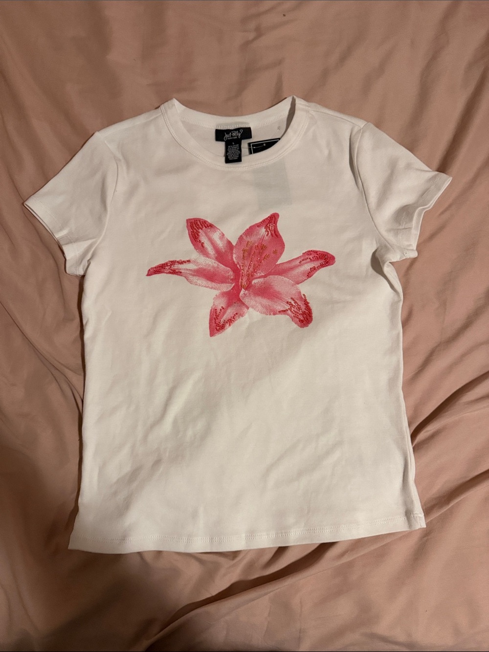White Short-Sleeve Tee with Pink Floral Graphic